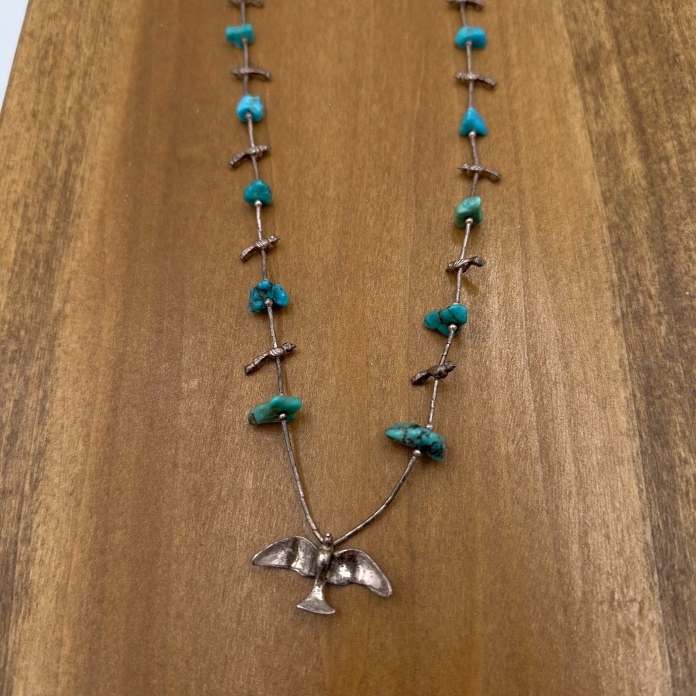 VTG Native Sterling Silver Bird Fetish Liquid Beads Blue‎ Turquoise Necklace 24"